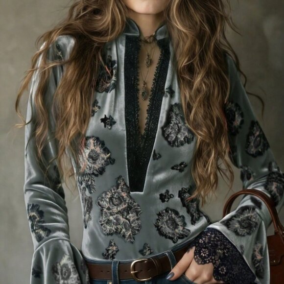Tops - Grey Elegant Women's Floral Print Lace Trim V-Neck Flare Sleeve Long Blouse